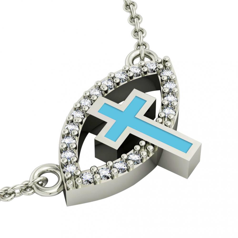 Cross Evil Eye Necklace, made of 925 sterling silver / 18k white gold finish with turquoise enamel and white zircon