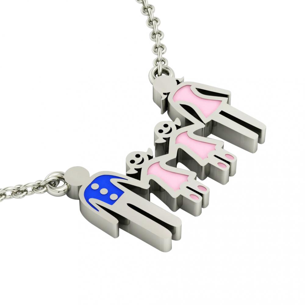 4-members Family necklace, father – 2 daughters – mother, made of 925 sterling silver / 18k white gold finish with blue and pink enamel