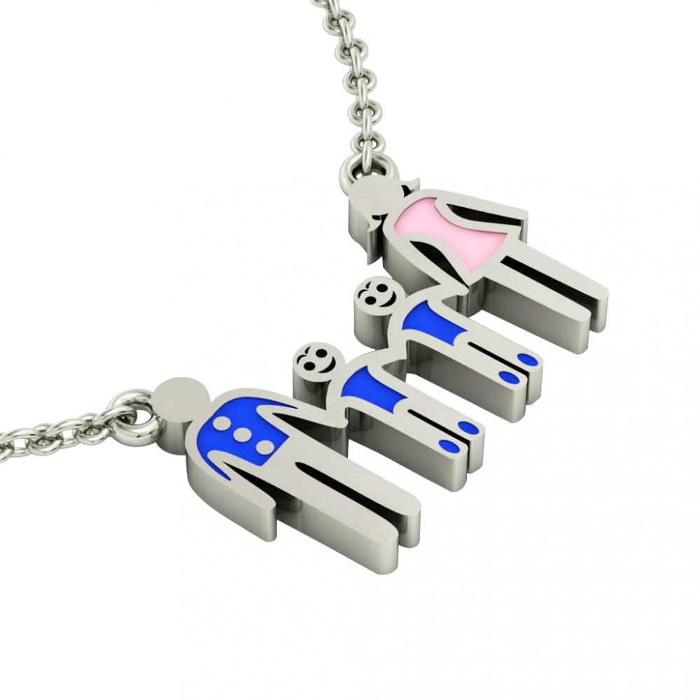 4-members Family necklace, father - 2 sons – mother, made of 925 sterling silver / 18k white gold finish with blue and pink enamel