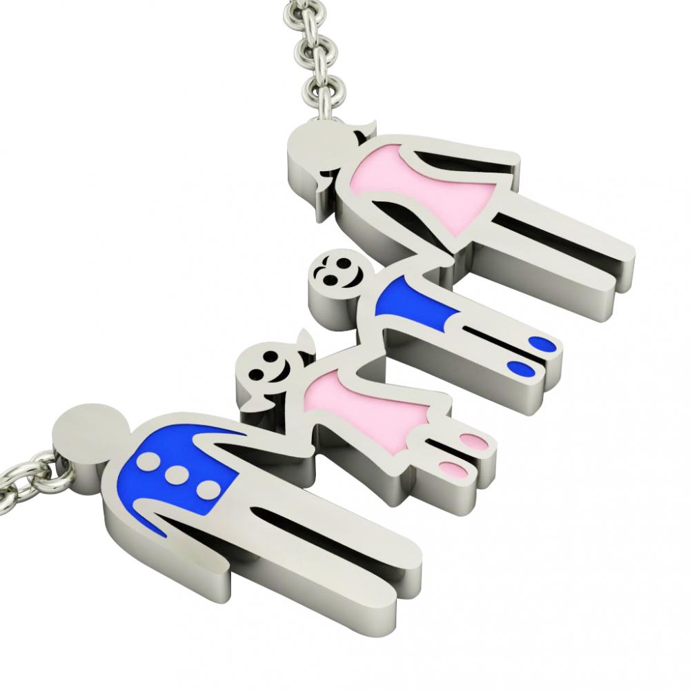 4-members Family necklace, father - daughter - son – mother, made of 925 sterling silver / 18k white gold finish with blue and pink enamel