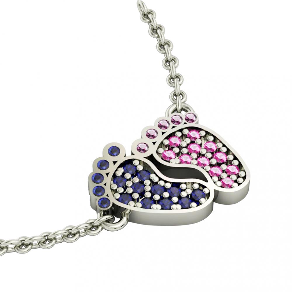 baby feet necklace, made of 925 sterling silver / 18k white gold finish with blue and pink zircon