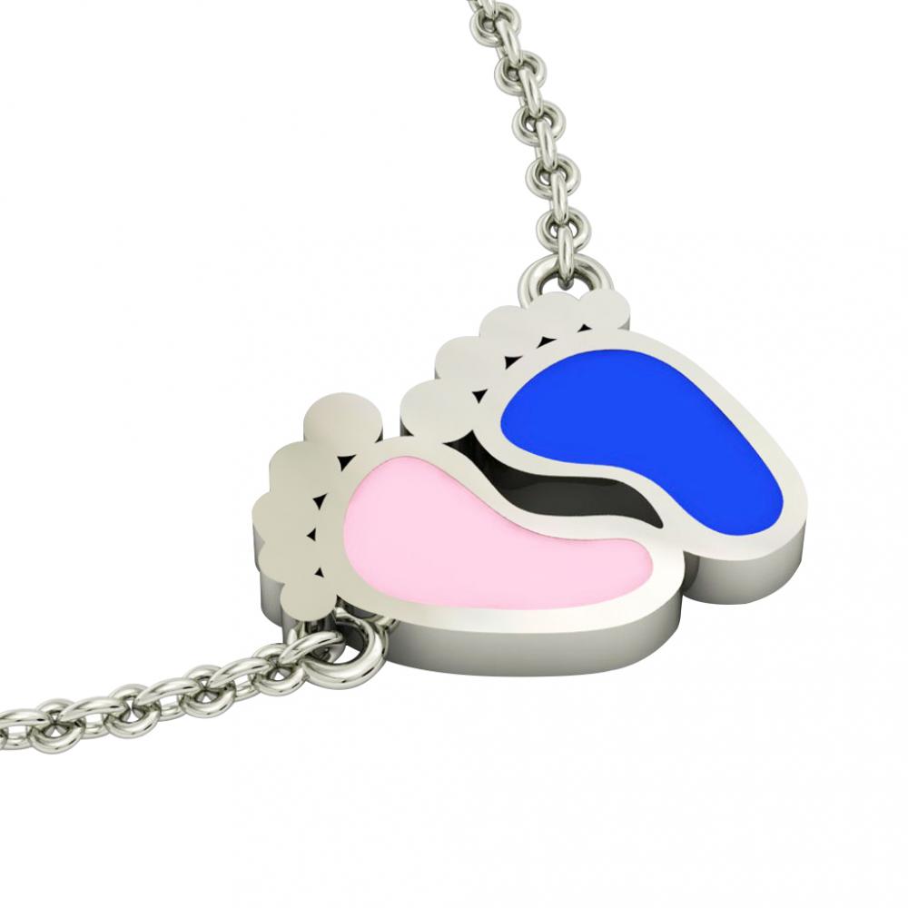 baby feet necklace, made of 925 sterling silver / 18k white gold with pink and blue enamel