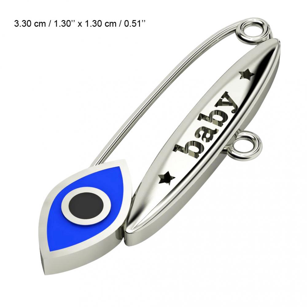 baby safety pin, navette eye – baby, made of 18k white gold vermeil on 925 sterling silver with blue enamel